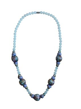 Venetian Style Lampwork Art Glass Beaded Necklace Blue Purple Gold